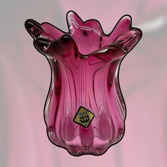 Joseph Hospodka VASE Chribska Glassworks Chzech Bohemian 5 Inch Cranberry VTG - Picture 14 of 15
